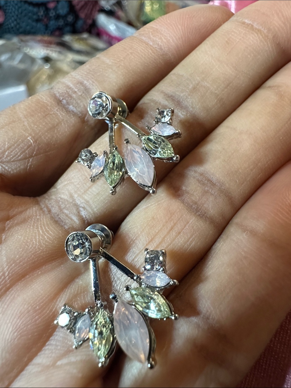 Sterling-Style Pink & Green Marquise Crystal Drop Earrings